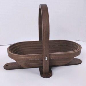 Vintage Wood Trivet Collapsible Bowl Spiral Basket With Folding Handle Wooden